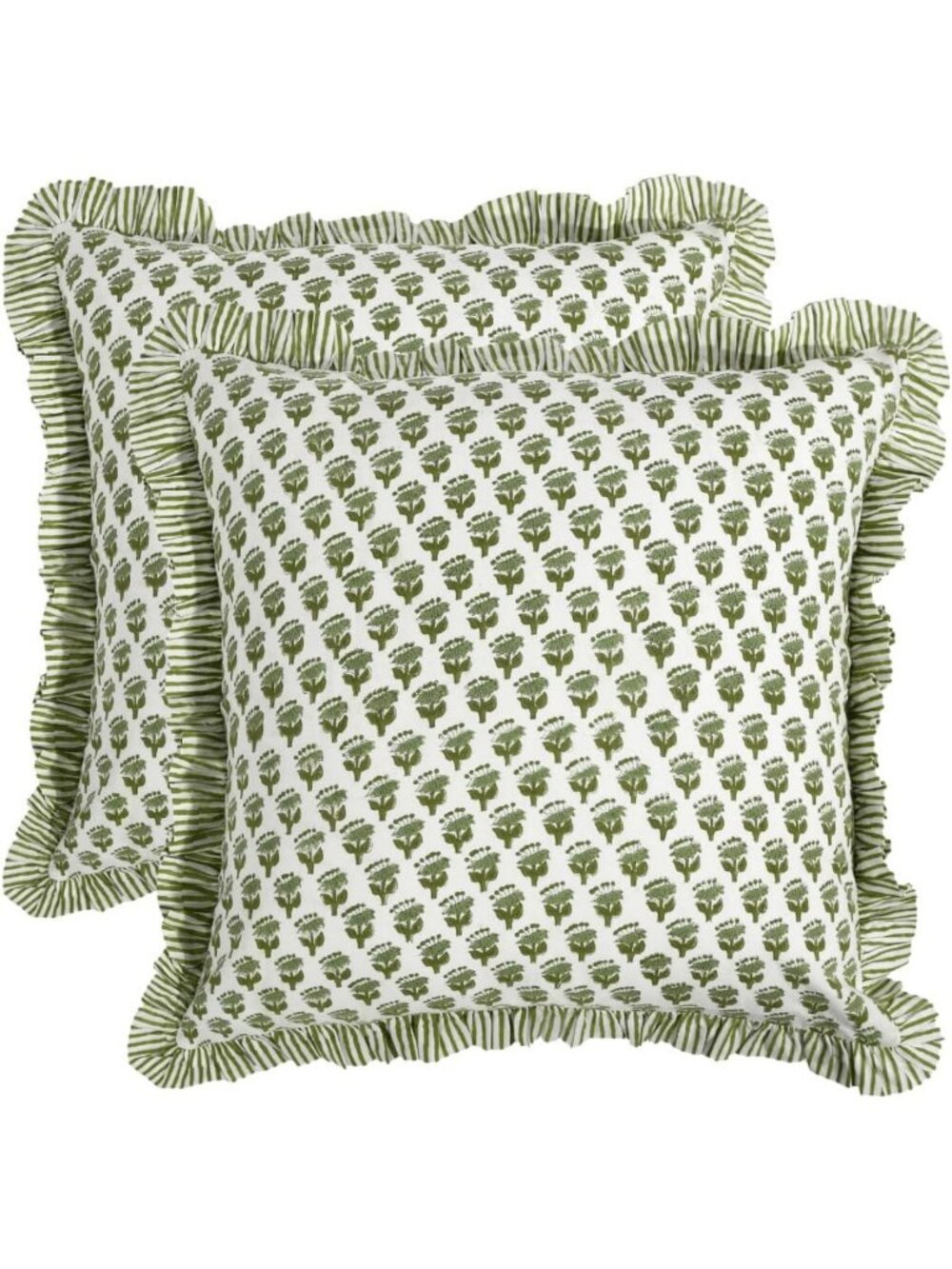 Emerald Green Ruffle Pillow Covers, 24x24 Inch, Set of 2, Block Print Decor